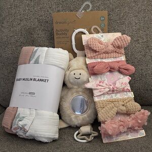 BUNDLE Baby Muslin Blanket, activity buddy and Headband Set - Pink and White